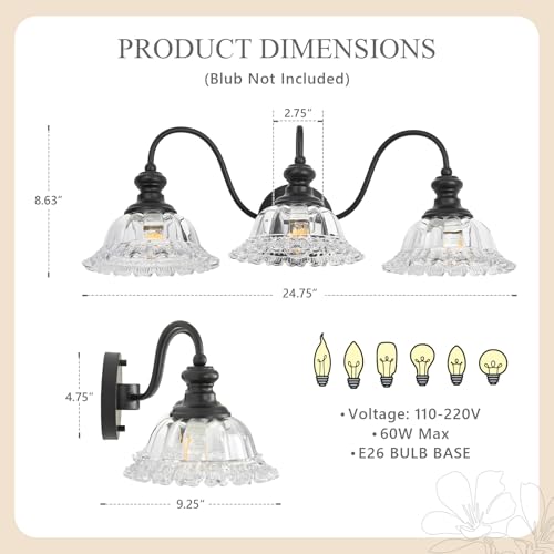 Image of 3 Lights Black Vintage Bathroom Vanity Light Fixture Over Mirror