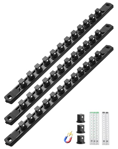 Image of ALOANES Magnetic Socket Organizer Set, 3-Piece Heavy Duty Aluminum Socket Rails, 360 Swivel Clips Socket Rail Kit for Tool Tray Drawer Fit 1 /2-Inch x 36 Clips (Black, 3PC)