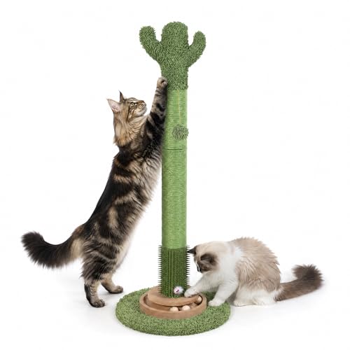 PAWALAYA 41.5 Cactus Cat Scratching Post Heavy Duty Sisal Scratcher with Interactive Ball & Grooming Brush Stable Anti-Tip Cat Tree for Indoor Cats & Large Cats