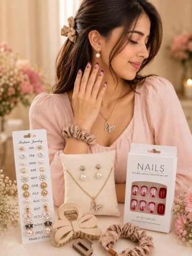 Image of Gift Hamper For Girl ,Sister, Girlfriend, Women, Wife | Rakshabandhan Gift For Sister | Birthday | Anniversary | Love Gifts | Pendant Necklace, Pearl Earrings, Stud Earrings Set, Hair Claw Clip, Mini Hair Clip, Scrunchie & Press On Nails |