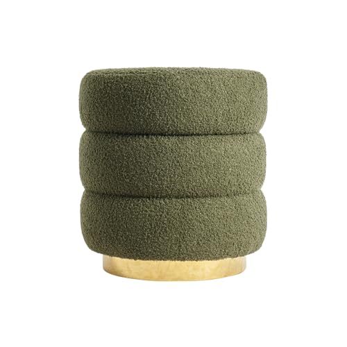 La Bella Round Ottoman Stool – Teddy Fleece Upholstery with Gold Base, Modern Stacked Cushion Design, Accent Footrest or Extra Seat - Dark Green