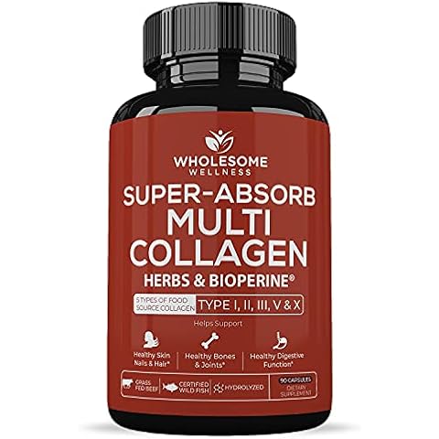 Super-Absorb Multi Collagen Pills (Type I II III V X) Organic Herbs and Bioperine - Hair, Skin, Nails, Joints - Hydrolyzed Collagen Peptides Protein Supplement for Women Men (90 Capsules) Cover