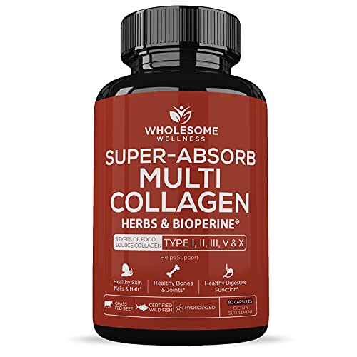 Wholesome Wellness Super-Absorb Multi Collagen Pills (Type I II III V X) Organic Herbs & Bioperine – Hair, Skin, Nails – Hydrolyzed Peptides Protein Supplement for Women & Men (90 Capsules)