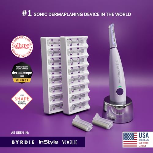 Michael Todd Beauty Sonicsmooth Pro+ Dermaplane Razor for Women Face + Eyebrow Trimmer Dermaplaning System w/LED Light Peach Fuzz Remover -16 Dermaplaning Blades & 2 Microsmooth Exfoliation Tips