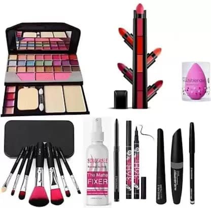 TYA 6155 Multicolour Makeup Kit with 7 Black Makeup Brushes Set, 3in1 Eyeliners Combo, 36H Eyeliner, Kajal, 1 Lipstick and 1 Pink Beauty Blender – (Pack of 16)