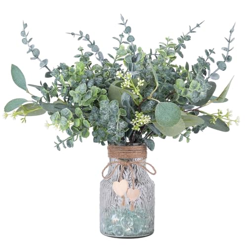 Mixed Artificial Eucalyptus Plants Greenery with Glass Vase and Beads 3Kinds Fake Eucalyptus Plant Stems for Modern Farmhouse Bathroom Decor Dining Room Kitchen Centerpiece Table Decorations