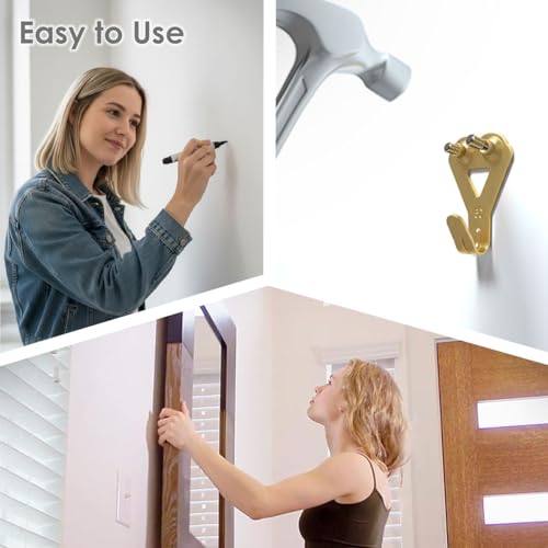 Image of Picture Hangers Heavy Duty, Extra Thick, 50 lb, Decorative Hanging Hooks Hardware for Drywall and Plaster Walls with Large Nailers and Nails, Painting, 80pcs, Gold