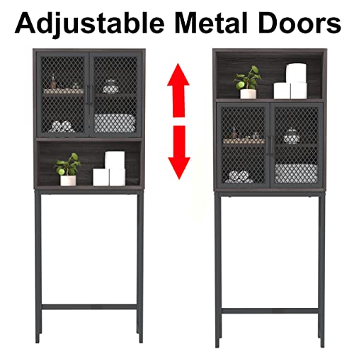Launica Over The Toilet Storage Cabinet, Industrial Bathroom Organizer Above Toilet, Bathroom Space Saver Stand with Shelf, Wood and Metal Freestanding Bathroom Rack Behind The Toilet, Dark Gray Oak