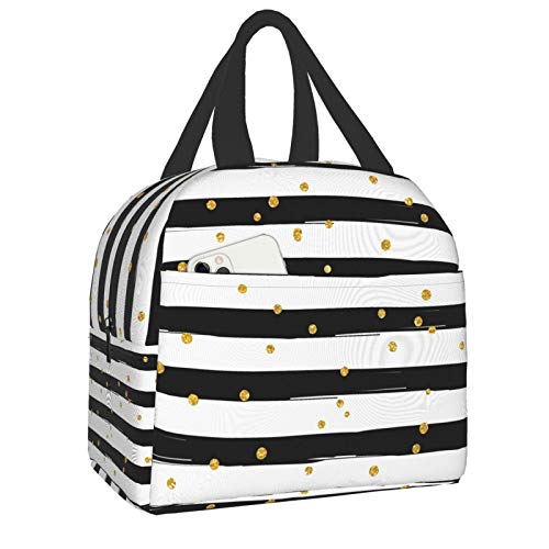 Duduho Black White Strips Lunch Bag Compact Tote Bag Golden Polka Dots Reusable Lunch Box Container For Women Men School Office Work #TOP5