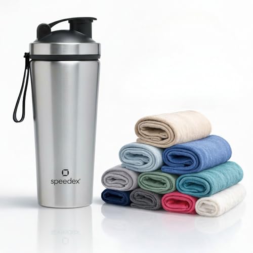 Image of Speedex Stainless Steel Gym Shaker Bottle 750ml with Mixing Ball & Towel for Men & Women | Leakproof Protein Metal Shaker for Gym, Wide Mouth, Measurement Markings, Carry Loop Flip Cap - Silver