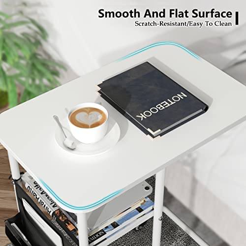 Tantmis C Table End Table With Wheels, Small Side Table With Shelf, C Shaped Sofa Table With Metal Frame, Couch Tables That Slide Under With Storage Bag For Living Room, Bedroom, White #TOP4