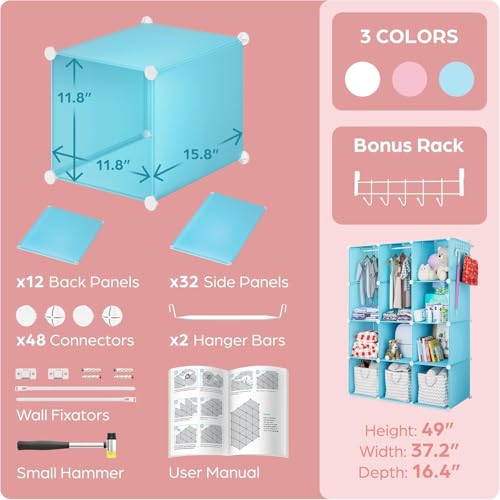 Image of Plastic Wardrobe for Kids Clothes - Durable, Easy to Use Anti-Skid & Non-Slip Effective Professional Collapsible Wardrobe, Plastic Cupboard for Kids, Foldable Almirah (Blue KTO2, 12 Door)