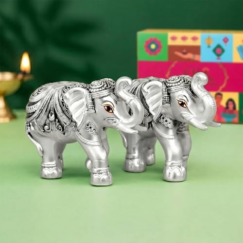 Image of Ekhasa 999 Pure Silver Plated Elephant Pair Showpiece with Gift Box | Silver Idol Set Home Decor Office Desk | Good Luck Feng Shui Vastu Animal Pair Religious Housewarming Griha Pravesh Gift
