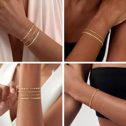 Image of Dainty Simple Gold Bracelets for Women, Stackable Satellite Paperclip Lip Bracelet Set Tiny Lip Dot Chain Box Link for Handmade Gift Minimalist Cute Trendy Jewelry Gold Accessories for Women