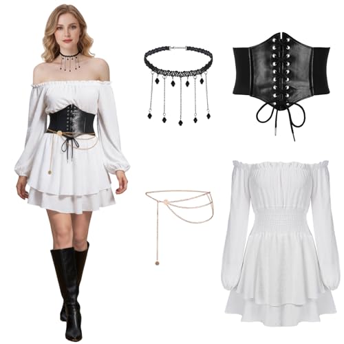 SKYYUE Vestido de pirata para mulher, vestido renascentista branco, vestidos brancos de pirata com cinto, corrente de cintura e colar, disfarce piratas mulher para Halloween carnaval festa de cosplay