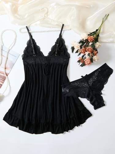 Image of Foxiny Sexy Open Front V Neck Ruffle Sheer Mesh Lace Wireless Babydoll Lingerie Dress with Thong 2 Piece