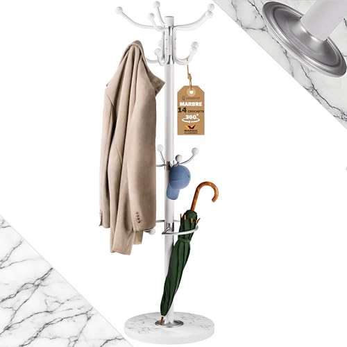 Casaria® Porte-manteau Blanc avec base en marbre 14 crochets 37x37x175cm portemanteau sur pieds rangement porte-parapluie