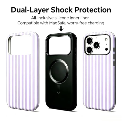 Image of for iPhone 17Pro Case Cute Phone Case,Compatible with MagSafe,Dual Layer Shockproof Protective Phone Cover,Hard Shell + Silicone Cover,Fashion Design for Women Girls,Striped Purple