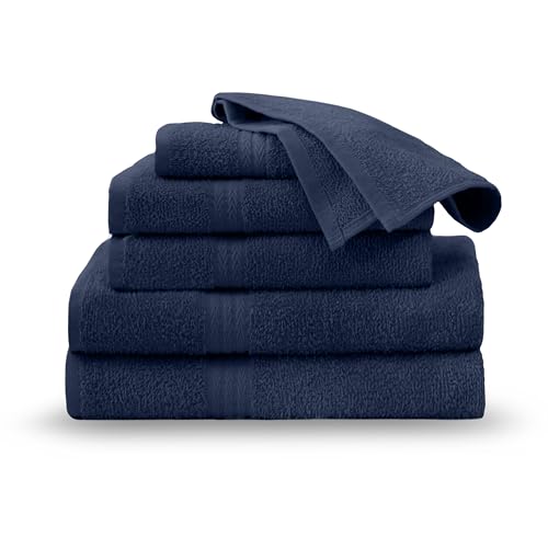 Martex Easy Living Everyday 6-Piece Bathroom Towel Set – 2 Bath Towels, 2 Hand Towels, 2 Wash Cloths – 100% Cotton – Soft & Quick-Dry Towels - Navy