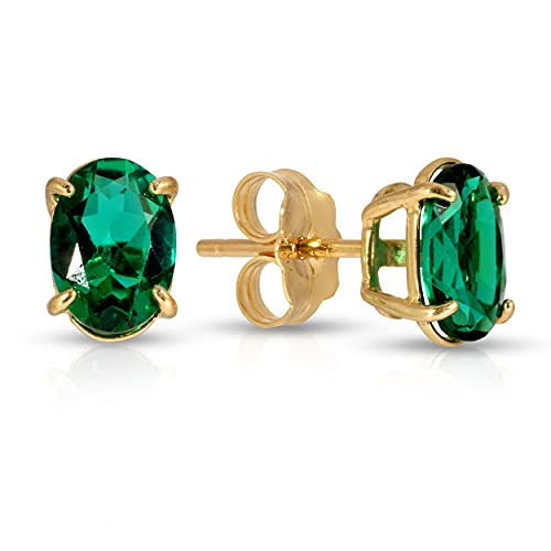 14K Solid Yellow Gold Stud Earrings with Lab. Grown Emerald Grade AAA2