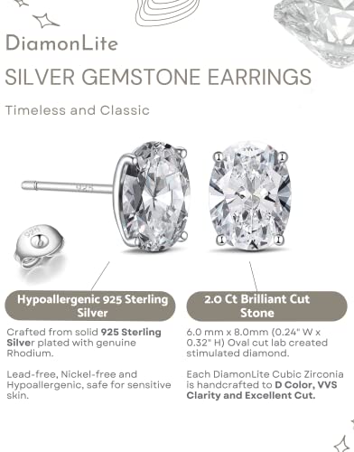 Diamonlite 2 Ct Cubic Zirconia Stud Earrings For Women And Men, D Color, Vvs Clarity, Excellent Oval Cut, Rhodium Plated 925 Sterling Silver Lab Created Simulated Diamond Earrings - Oval Mens And Womens Silver Cz Studs #TOP1