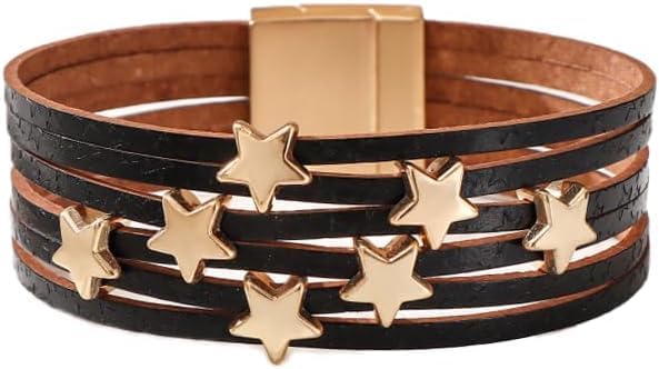 Women's PU Leather Multi-layer Buckle Wide Wristband Bracelet Female Leather Bracelet Star Accessories Bracelet