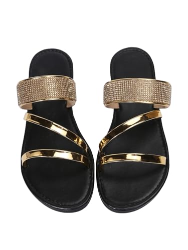 GORGLITTER Women's Metallic Strappy Flat Sandals Dressy Sparkly Open Toe Slide Vacation Summer Sandals