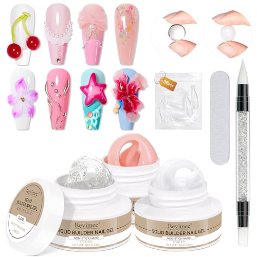 Solid Builder Gel for Nails 3PCS, 3D Hard Gel for Nail Art Sculpting Non-Stick Hand, Clear White Nude for Modeling, Sculpture, Nail Extension UV/Led Manicure DIY At Home 18g*3Colors