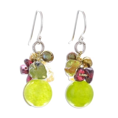 NOVICA Artisan Handmade Cultured Freshwater Pearl Peridot Cluster Earrings Crafted Beaded Multigem .925 Sterling Silver Citrine Garnet Yellow Dangle Thailand 'Freshness'