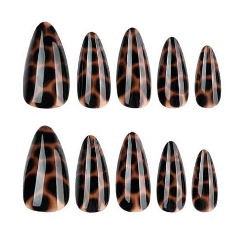 Image of Medium Almond Press on Nails Full Tortoise Shell Amber Fake Nails for Women