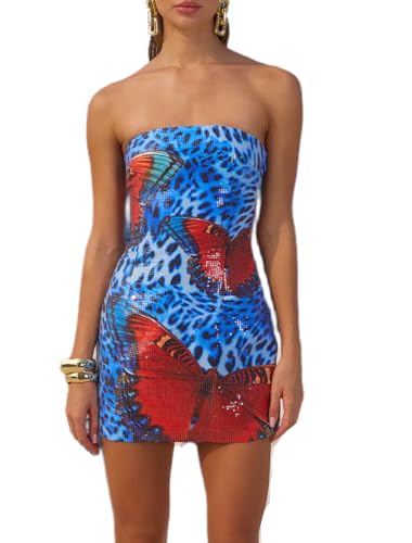 Image of NUFIWI Sexy Floral Strapless Tube Mini Dress Y2K Slim Fit Backless Short Bandeau Dress Going Out Night Party Vocation Dresses