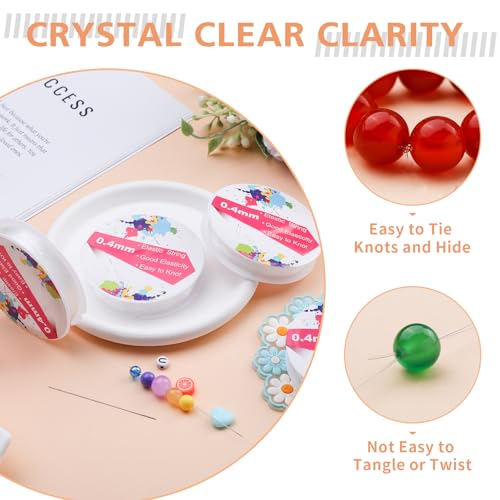 0.4mm/4 Rolls Elastic String for Bracelets, Clear Bracelet String, Beading Thread with Bead Needles, Stretchy Bracelet Strings for Bracelet Making Clay Seed Stone Beads - Thumbnail 2