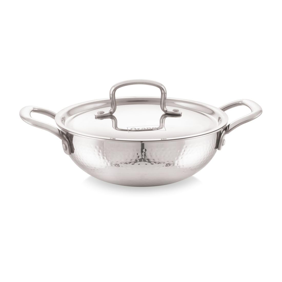 Orange Triply Stainless Steel Hammered Deep Kadai with S.S Lid | Hammered Mathar Design | Heavy Bottom Cookware for Gas & Induction | Cool Touch Handles | 3.5 Ltr, 26cm |Made in India, 5-Year Warranty