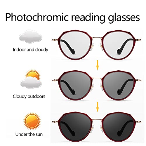 Damskie progresywne wieloogniskowe okulary do czytania z ramką TR90, czerwone modne nieregularne fotochromowe szare okulary przeciwsłoneczne (rozmiar: 1,5 x)