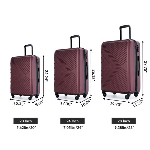 3-Piece Set Luggage Sets with Spinner Wheels, ABS Lightweight Suitcase with Two Hooks, Spinner Wheels, TSA Lock, 20’’/24’’/28’’ Luggage (Red)2