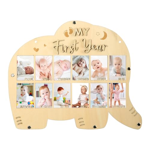 Image of My First Year Picture Frame,One Year Of Photo Board, Baby's First Twelve Months Photo Collage and Gender Neutral Keepsake, Ideal for Baby Shower,New Mom Keepsake Gift and Nursery Decor - With Stand (Elephant sign)
