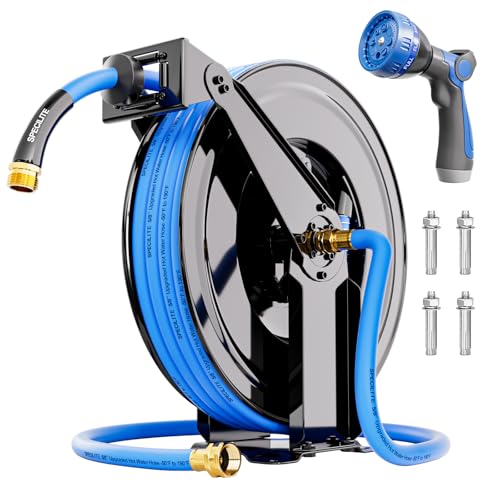 SPECILITE Retractable Hose Reel with 5/8'' Hot/Cold Garden Water Pipe 50ft, -50℉ - 190℉, Heavy Duty Metal Wall Mount Spool, with 6ft Lead Hoses, Nozzle, 3/4'' Brass Fittings for Garage, Yard, Blue by SPECILITE - Used condition - US$203.99