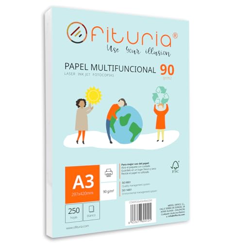 Packung mit 250 weißen DIN A3 Blättern, 90g Druckerpapier. Multifunktionales Kopierpapier für Schule und Büro. Ideal für Laserdrucker, Tintenstrahldrucker oder Kopierer – Ofituria