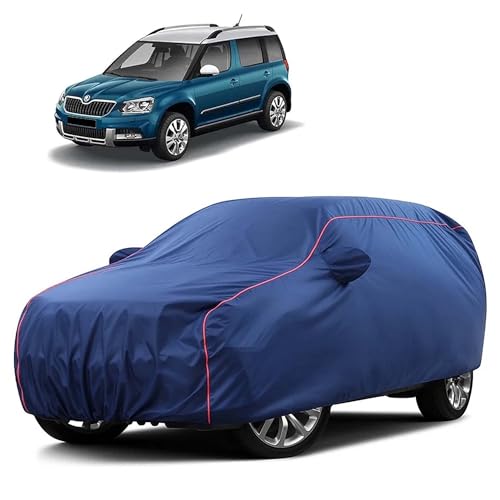 Image of Sulfar 100% Water Resistant Car Body Cover Compatible with Mirror for Skoda Yeti (Triple Stitched, Full Bottom Elastic, Blue Taffeta with Red Piping)
