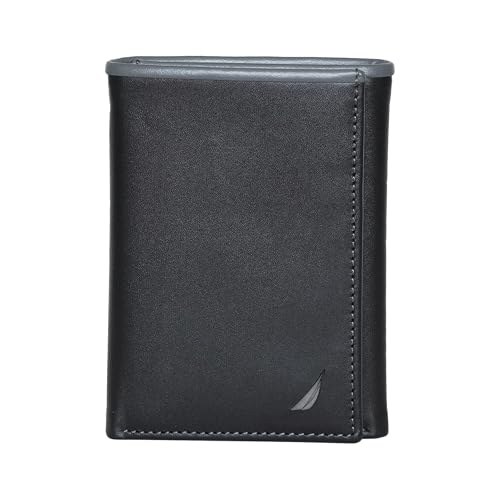 Nautica Men's Pop Color Trifold Leather Wallet with 6 slots, RFID Protection, Black/Grey, Black/Grey, One size