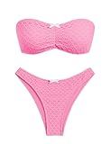 ZAFUL Women's Strapless Bikini Openwork Textured Bow Ruched Lace Up High Cut Bandeau Swimsuit Bathing Suits (0-a-Pink, S)