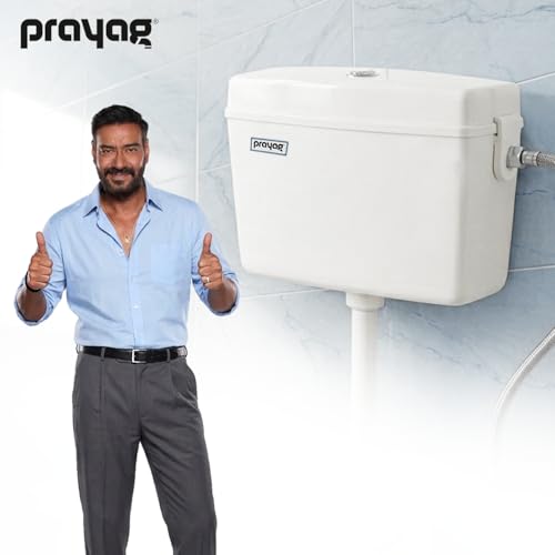 Image of Prayag Duo Flush 10 Litre PTMT Toilet Cistern for Indian & Western WC Wall Mounted Flush Tank with Dual Push Button Water Saving Leak Proof Bathroom Flush System with Complete Fittings (White)
