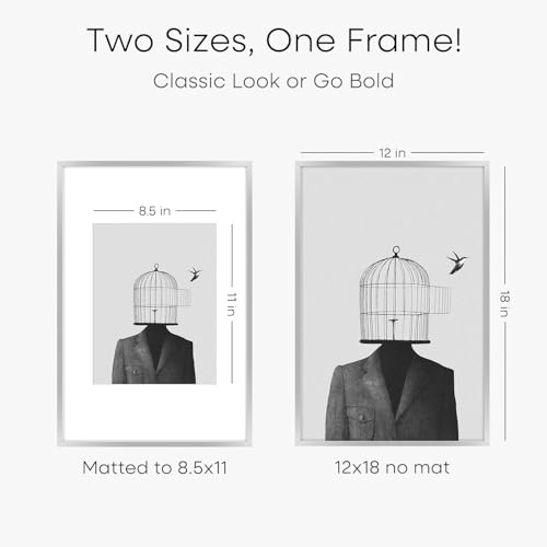 Image of Homeforia 12x18 Silver Frame, High End Metal 12 x 18 Picture Frames with Mat 8.5 x 11 Photo, 18x12 Silver Poster Frame Matted to 11x8.5 Print, 18by12 Hanging Frames, Tempered Glass, Wall Kit, Set of 2