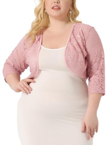 Image of Agnes Orinda Plus Size Bolero Shrugs for Women Cardigans Lightweight 3 /4 Sleeve Floral Lace Sheer Cardigan 3X Dark Pink