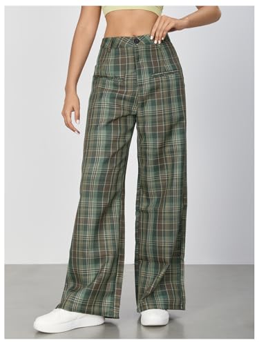 WDIRARA Women's Plaid Wide Leg Pants Casual High Waist Long Pants Trousers3
