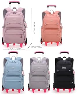 Solid Color Girls Rolling Backpack with Wheels Schoolbag Elementary School Student Trolley Daypack