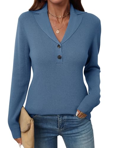 Image of LOMON Sweaters for Women 2025 Fall Knitted V-Neck Collared Button Pullover Dressy Casual Long Sleeve Polo Shirts Business