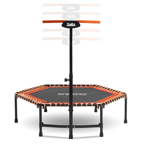 Salta Fitness - ø128cm - Indoor Trampolin - 5-Fach höhenverstellbarer Handgriff - Elastische Federung/Bungees, Solide Konstruktion - Sechseckig - 110 kg Belastbarkeit - Orange/Grün