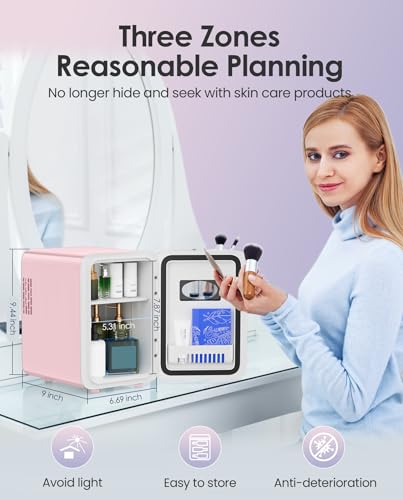 Image of CUTIEWORLD Skincare Fridge - 4L Makeup Fridge for Refrigerating Makeup, Skincare and Food, Mini Fridge for Bedroom, Office and Car, Cooler and Warmer, Beverage Cooler, Leather Pink