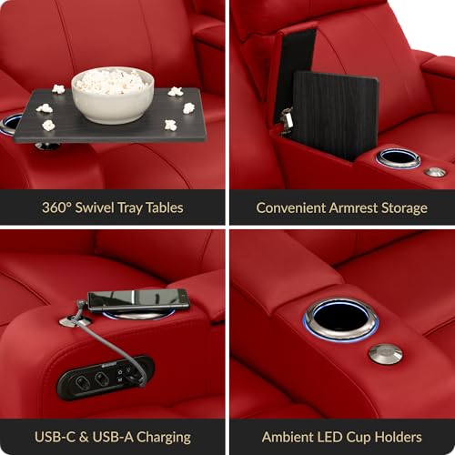 Image of Seatcraft Monterey Red Italian Leather Home Theater Seating, Zero Gravity Power Recliner, Gaming and Home Office Chair, Powered Headrest Furniture for Family Cinema Room, Row of 3 Left Loveseats